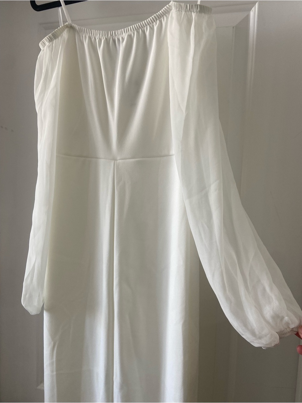 Windsor Off-Shoulder White Midi Dress with Sheer Bishop Sleeves - Picture 5 of 8